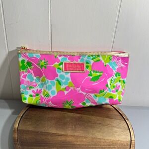 Lilly Pulitzer Estee Lauder Pink Floral Vinyl Cosmetic Makeup Bag Gold Trim